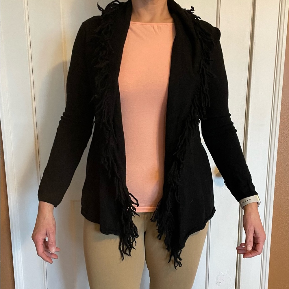 Black Fringe Open Cardigan Sweater